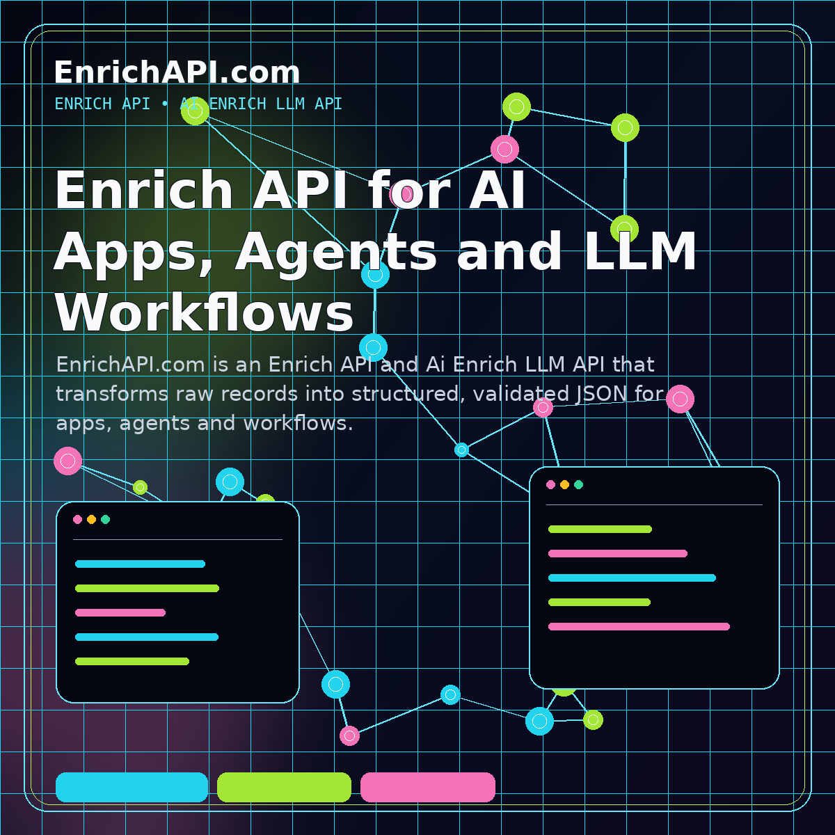 Enrich API platform visualization showing raw data transformed into structured JSON for AI apps and agents