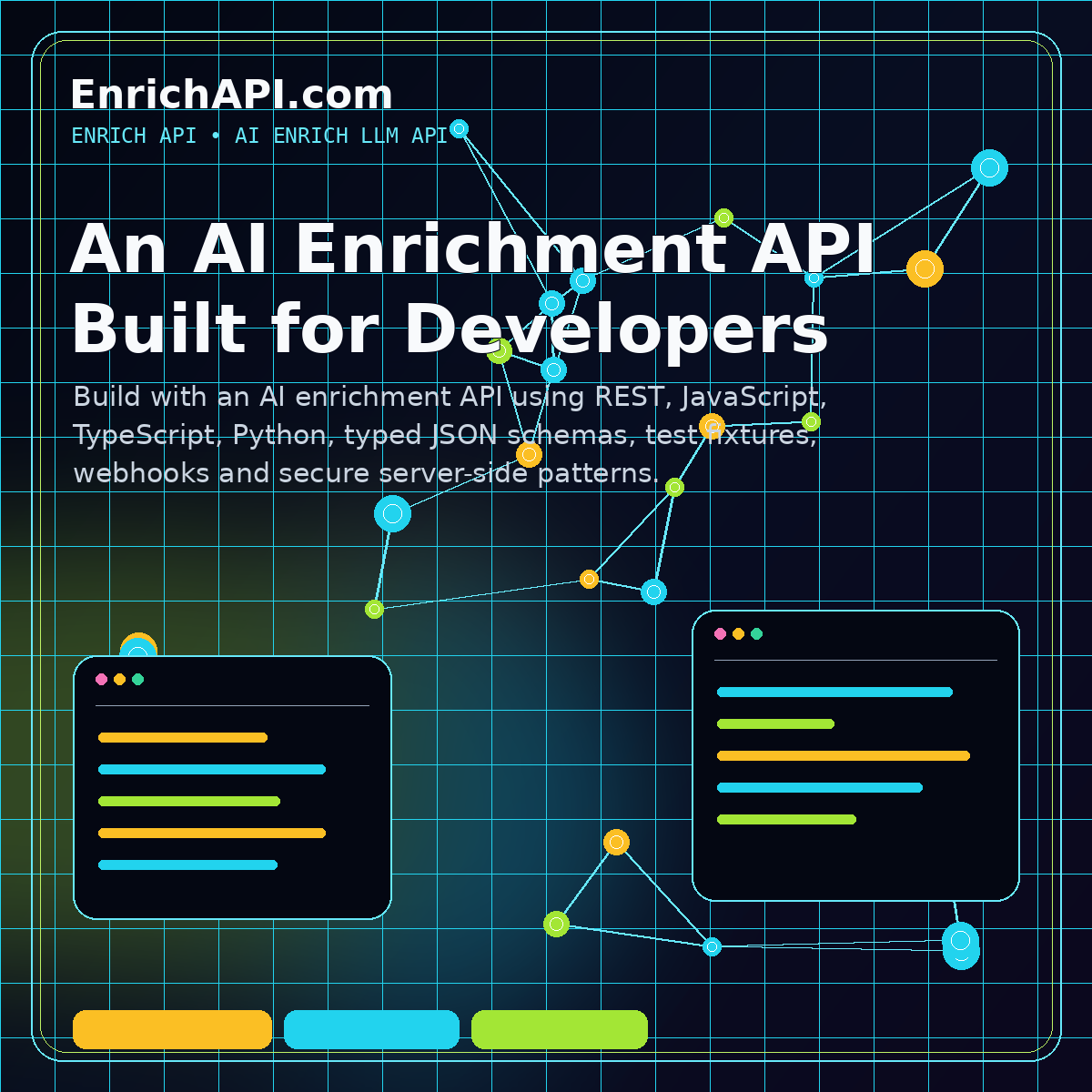 AI enrichment API developer interface with SDK code, terminal, typed JSON and debugging tools